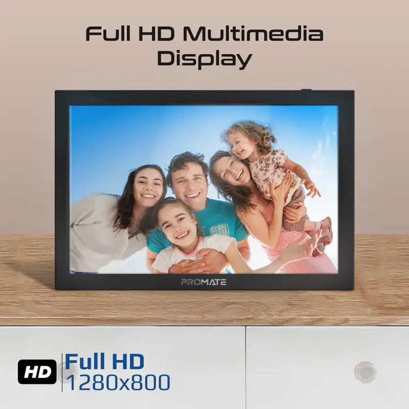 Memoria-10 Black Promate Full HD Digital Photo Frame with 10.1" Touch Screen, Wireless app Control, 16GB Storage, USB/TF Card Support, Dual Speakers, Multi Picture & Video Formats Compatibility