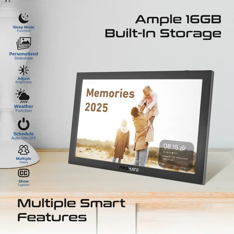 Memoria-10 Black Promate Full HD Digital Photo Frame with 10.1" Touch Screen, Wireless app Control, 16GB Storage, USB/TF Card Support, Dual Speakers, Multi Picture & Video Formats Compatibility