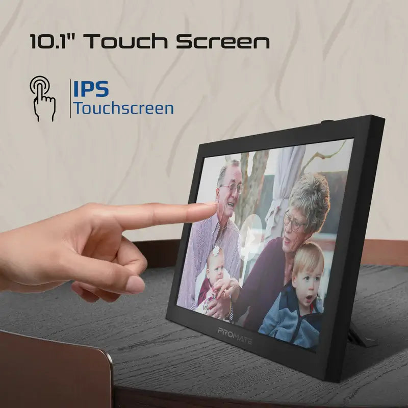 Memoria-10 Black Promate Full HD Digital Photo Frame with 10.1" Touch Screen, Wireless app Control, 16GB Storage, USB/TF Card Support, Dual Speakers, Multi Picture & Video Formats Compatibility