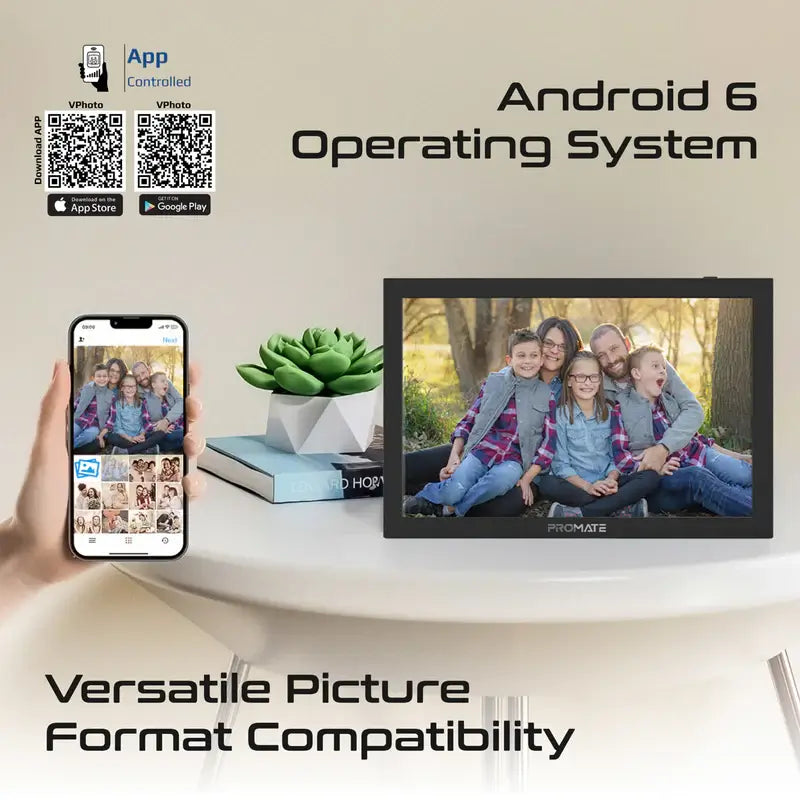 Memoria-10 Black Promate Full HD Digital Photo Frame with 10.1" Touch Screen, Wireless app Control, 16GB Storage, USB/TF Card Support, Dual Speakers, Multi Picture & Video Formats Compatibility