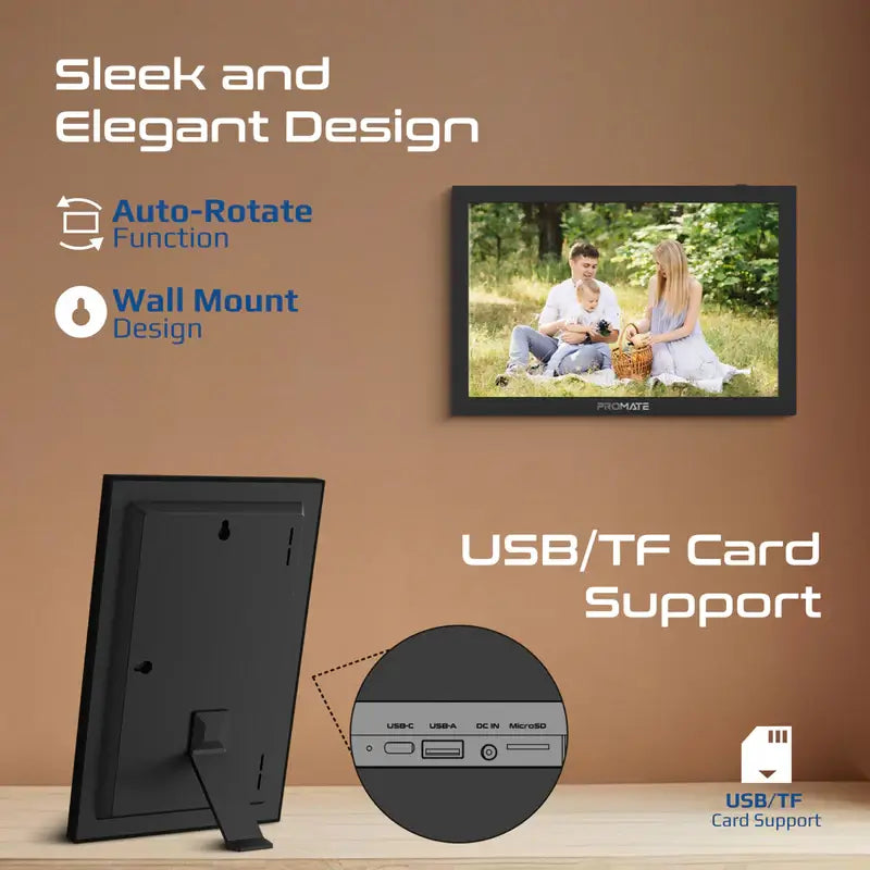 Memoria-10 Black Promate Full HD Digital Photo Frame with 10.1" Touch Screen, Wireless app Control, 16GB Storage, USB/TF Card Support, Dual Speakers, Multi Picture & Video Formats Compatibility