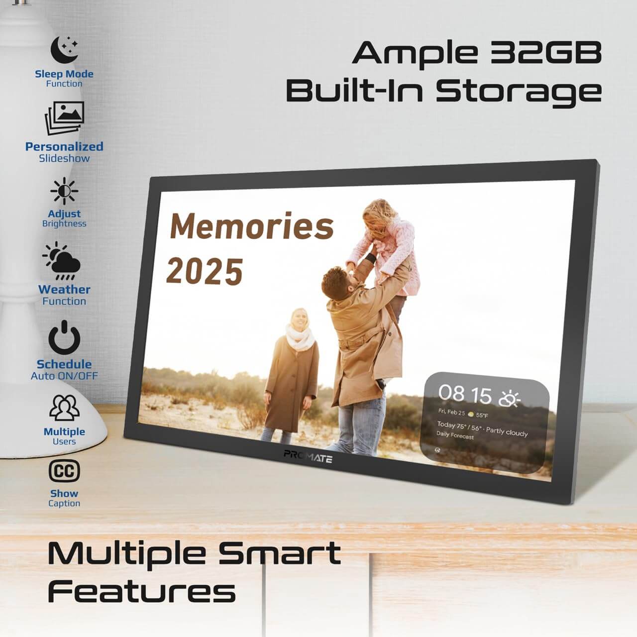 Memoria-15 Black Promate Full HD Digital Photo Frame with 15.6-Inch Touchscreen, 32GB Storage, Wireless App Control, Multi Picture & Video Formats Compatibility, USB/TF Card Support, Dual Speakers