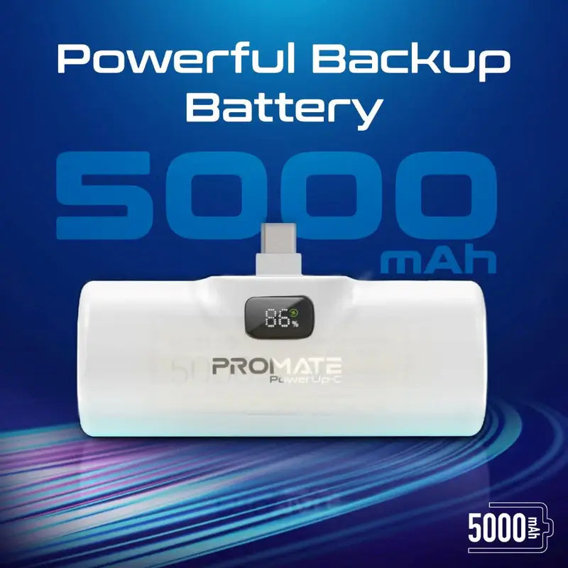POWERUP-C Promate Power Bank, 5000mAh Ultra-Compact Portable Charger, Built-In 20W Foldable USB-C, 20W USB-C Power Delivery Port, LED Screen, Foldable Kickstand for iPhone 15, Galaxy S23