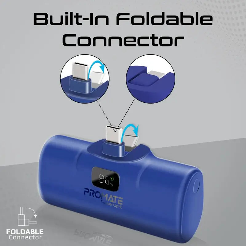 POWERUP-C Promate Power Bank, 5000mAh Ultra-Compact Portable Charger, Built-In 20W Foldable USB-C, 20W USB-C Power Delivery Port, LED Screen, Foldable Kickstand for iPhone 15, Galaxy S23