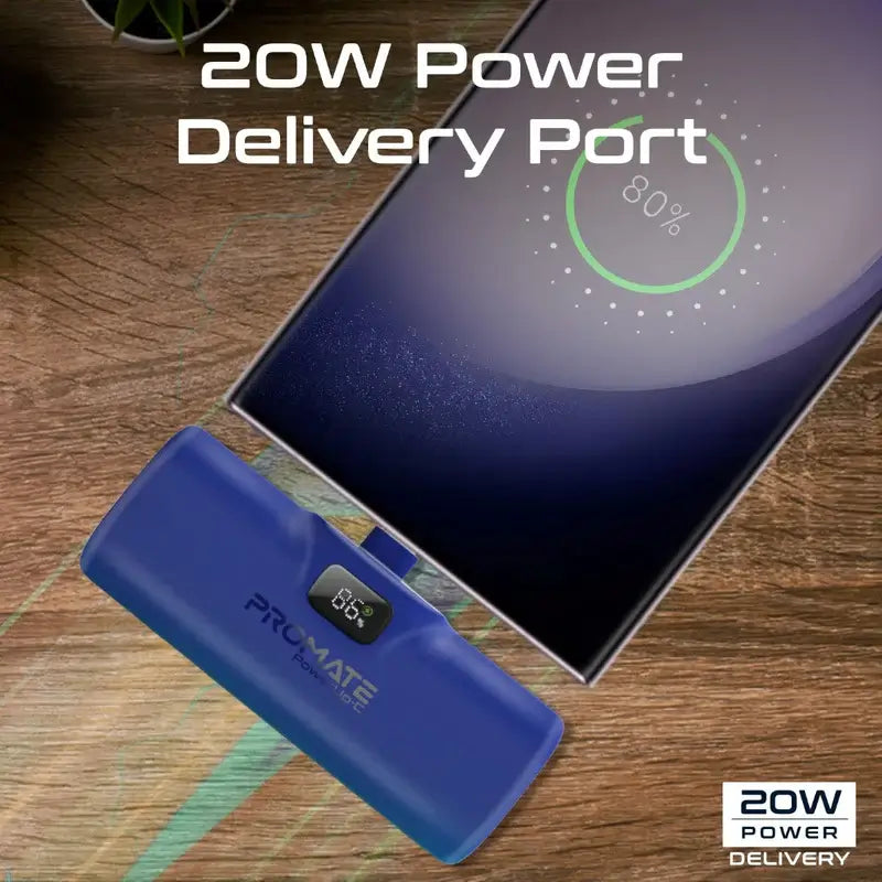 POWERUP-C Promate Power Bank, 5000mAh Ultra-Compact Portable Charger, Built-In 20W Foldable USB-C, 20W USB-C Power Delivery Port, LED Screen, Foldable Kickstand for iPhone 15, Galaxy S23
