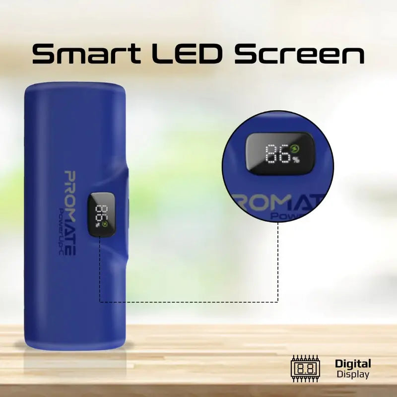 POWERUP-C Promate Power Bank, 5000mAh Ultra-Compact Portable Charger, Built-In 20W Foldable USB-C, 20W USB-C Power Delivery Port, LED Screen, Foldable Kickstand for iPhone 15, Galaxy S23