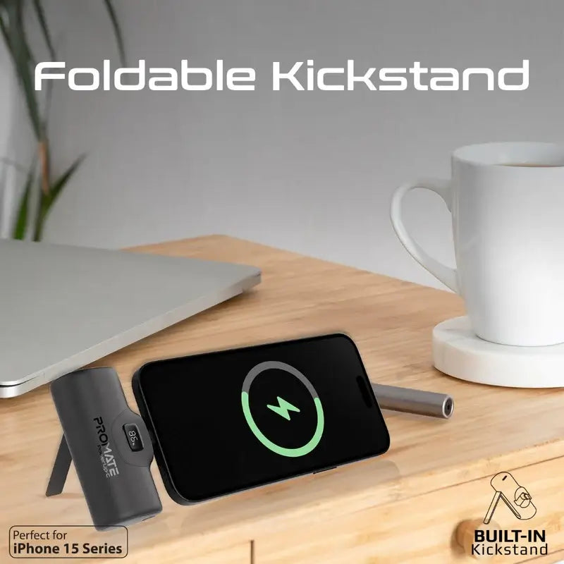 POWERUP-C Promate Power Bank, 5000mAh Ultra-Compact Portable Charger, Built-In 20W Foldable USB-C, 20W USB-C Power Delivery Port, LED Screen, Foldable Kickstand for iPhone 15, Galaxy S23