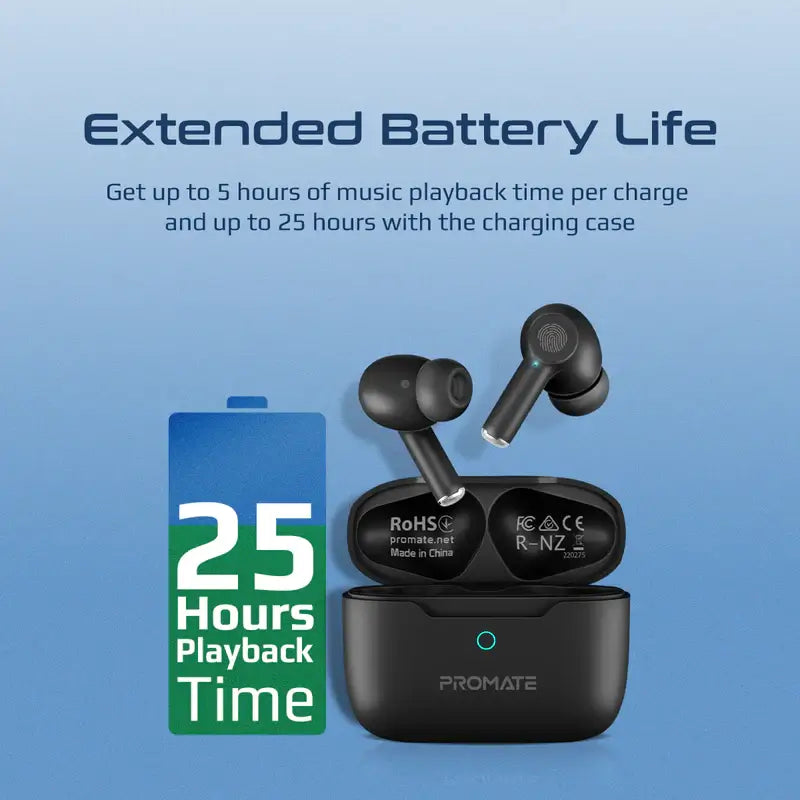 ProPods Promate True Wireless Earbuds, in-Ear Active Noise Cancelling Bluetooth v5.3 Earphones with Mic, 25H Playback Time, Intelligent Touch Controls and Charging case