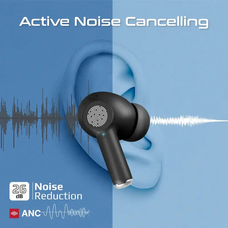 ProPods Promate True Wireless Earbuds, in-Ear Active Noise Cancelling Bluetooth v5.3 Earphones with Mic, 25H Playback Time, Intelligent Touch Controls and Charging case