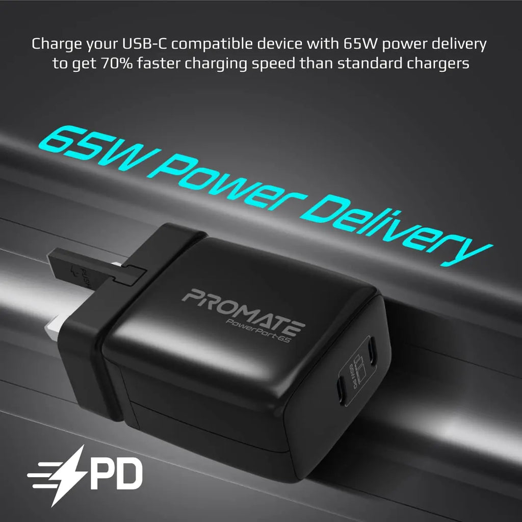 PowerPort-65 Dual USB-C 65W GaN Charger, Round Pin USB 65 Watt Charger Type C, GaNFast Super Fast Charger with 60W Type-C PD Cable for iPhone 15, 14, 13, 12, MacBook & Other USB-C Devices
