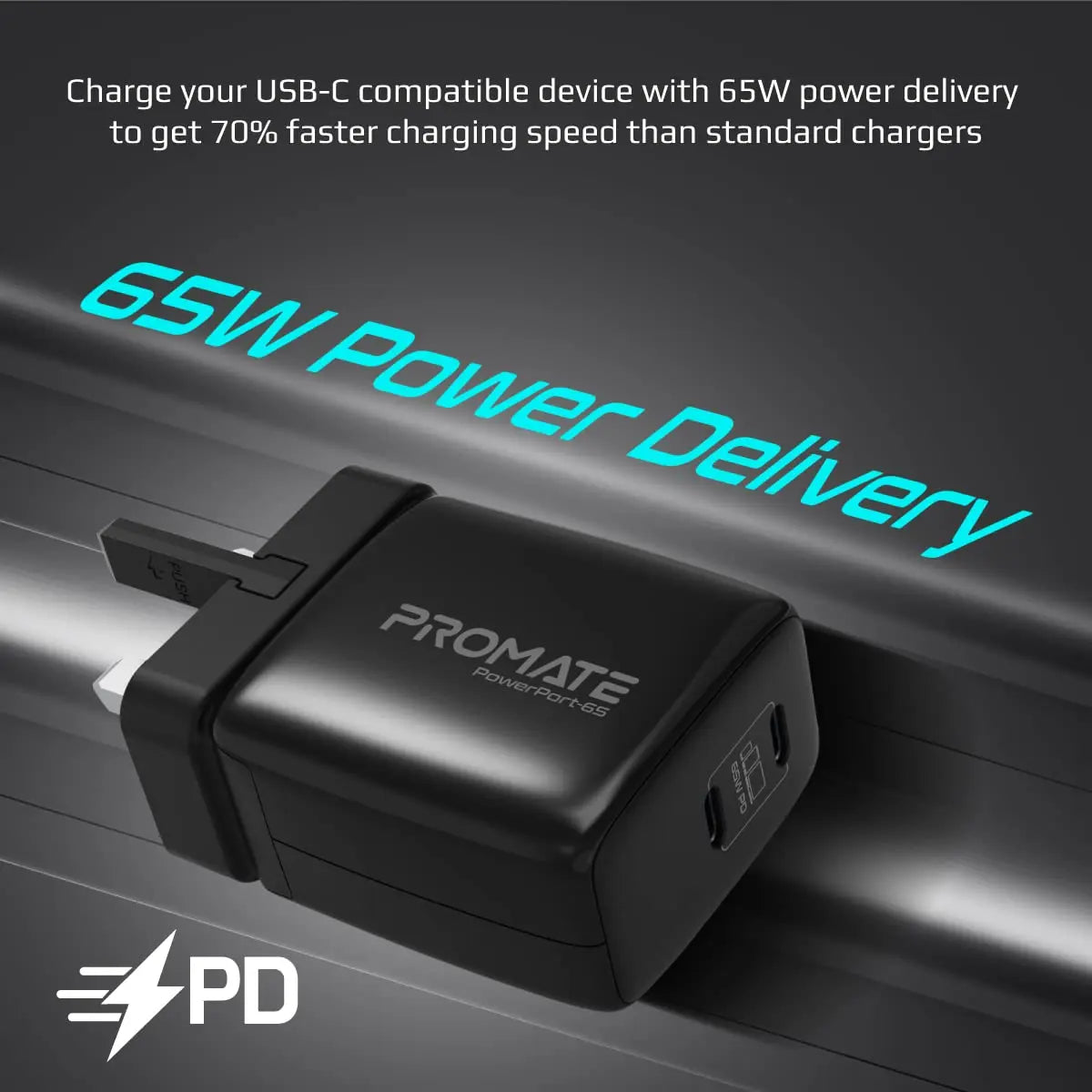 PowerPort-65 Dual USB-C 65W GaN Charger, Round Pin USB 65 Watt Charger Type C, GaNFast Super Fast Charger with 60W Type-C PD Cable for iPhone 15, 14, 13, 12, MacBook & Other USB-C Devices