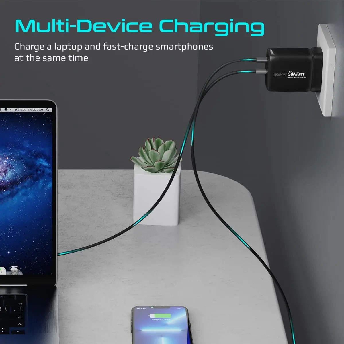 PowerPort-65 Dual USB-C 65W GaN Charger, Round Pin USB 65 Watt Charger Type C, GaNFast Super Fast Charger with 60W Type-C PD Cable for iPhone 15, 14, 13, 12, MacBook & Other USB-C Devices