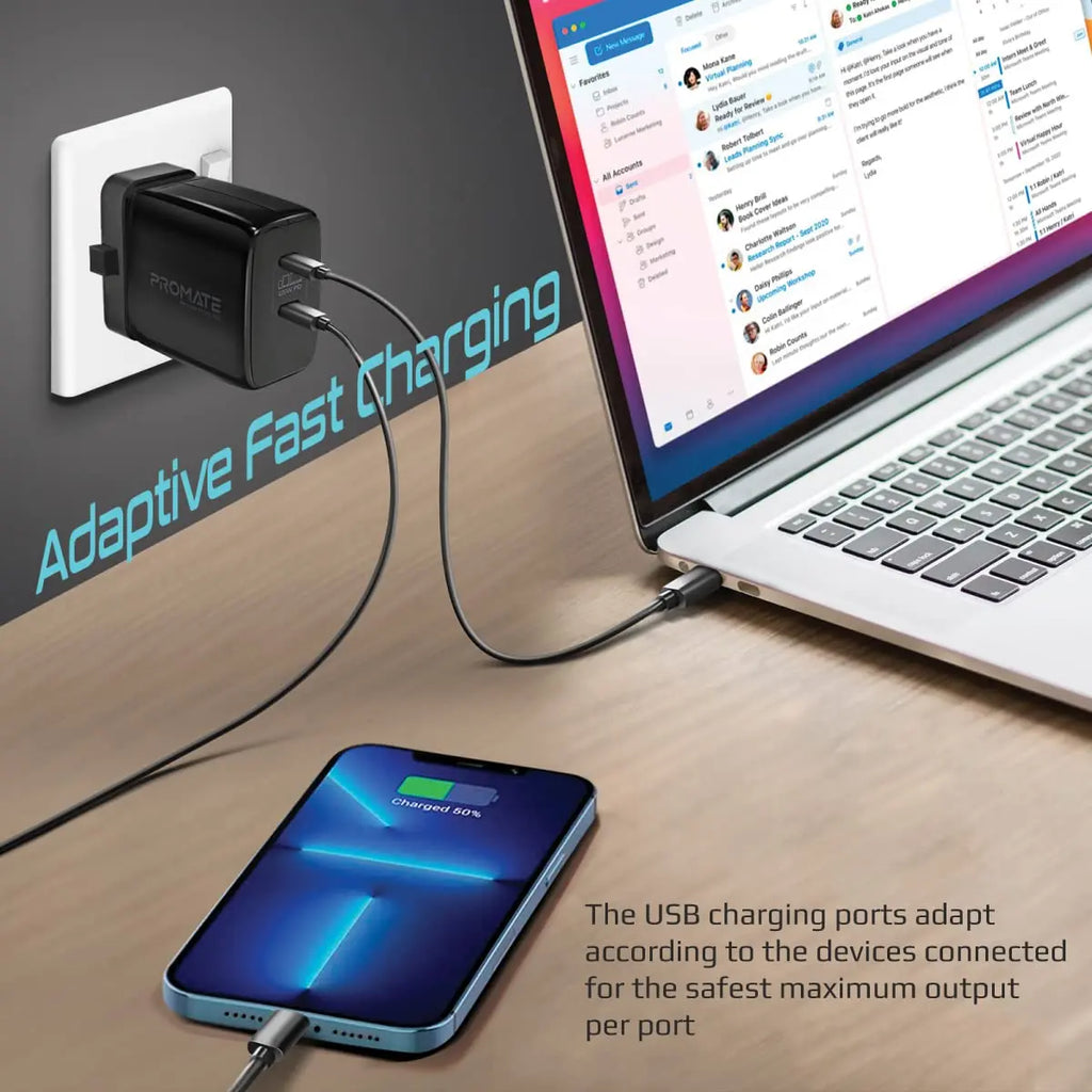PowerPort-65 Dual USB-C 65W GaN Charger, Round Pin USB 65 Watt Charger Type C, GaNFast Super Fast Charger with 60W Type-C PD Cable for iPhone 15, 14, 13, 12, MacBook & Other USB-C Devices