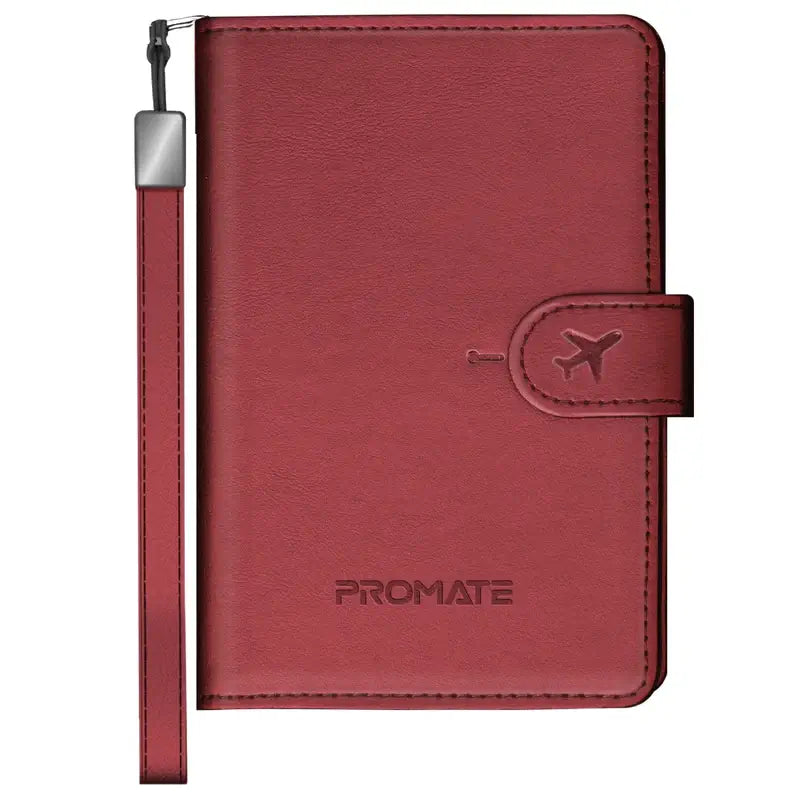 Promate PassMate Burgundy Smart Leather Passport Holder with RFID Protection, Apple Find, My Global Tracker, Wireless Charging, 6-Month Battery, Waterproof Anti-Loss Travel Wallet Organizer