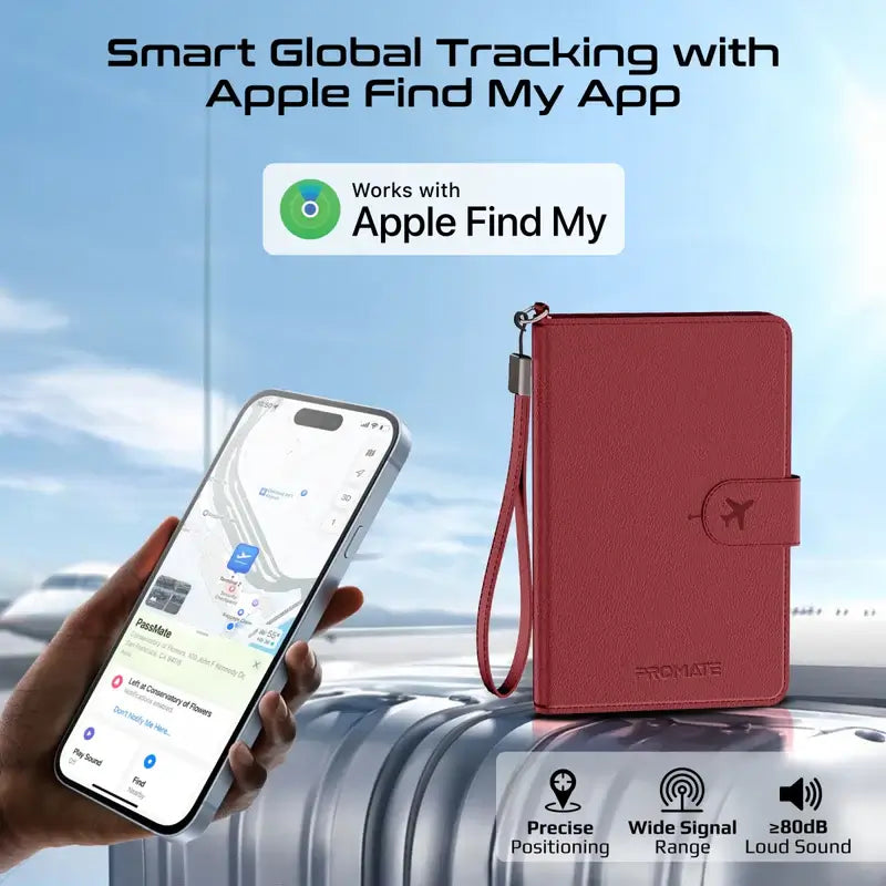 Promate PassMate Burgundy Smart Leather Passport Holder with RFID Protection, Apple Find, My Global Tracker, Wireless Charging, 6-Month Battery, Waterproof Anti-Loss Travel Wallet Organizer