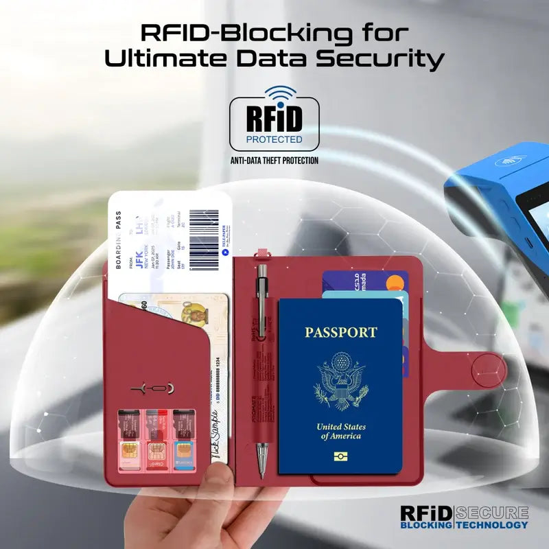 Promate PassMate Burgundy Smart Leather Passport Holder with RFID Protection, Apple Find, My Global Tracker, Wireless Charging, 6-Month Battery, Waterproof Anti-Loss Travel Wallet Organizer