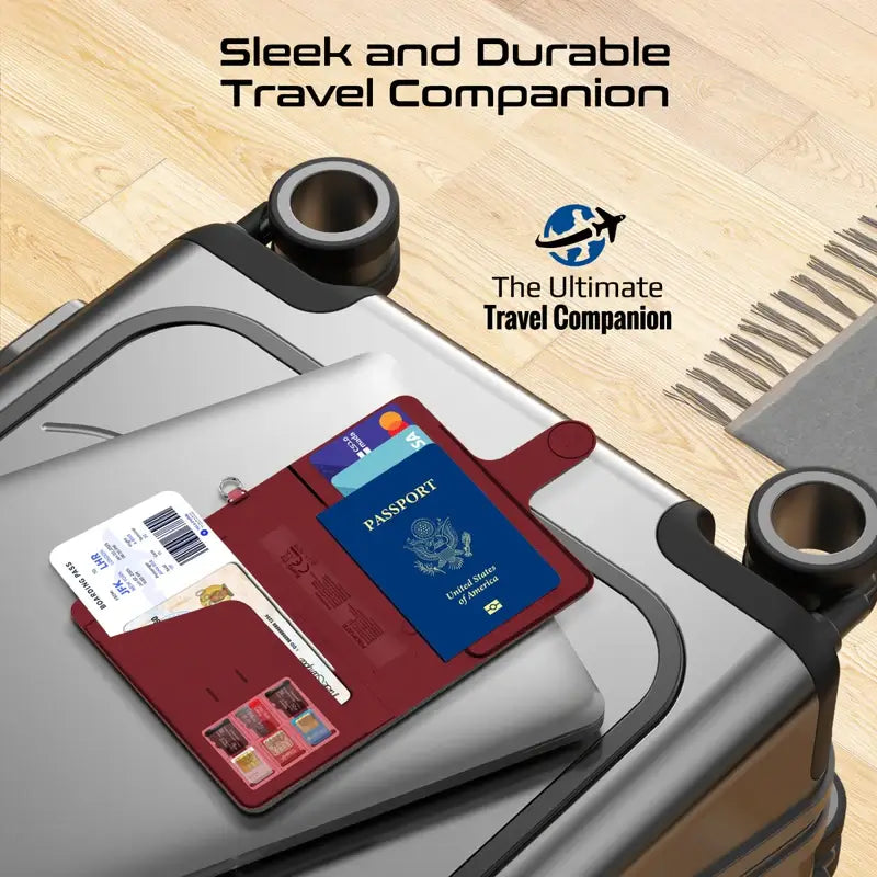 Promate PassMate Burgundy Smart Leather Passport Holder with RFID Protection, Apple Find, My Global Tracker, Wireless Charging, 6-Month Battery, Waterproof Anti-Loss Travel Wallet Organizer