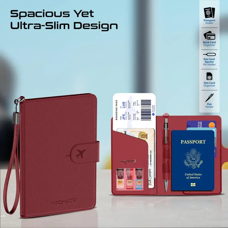 Promate PassMate Burgundy Smart Leather Passport Holder with RFID Protection, Apple Find, My Global Tracker, Wireless Charging, 6-Month Battery, Waterproof Anti-Loss Travel Wallet Organizer
