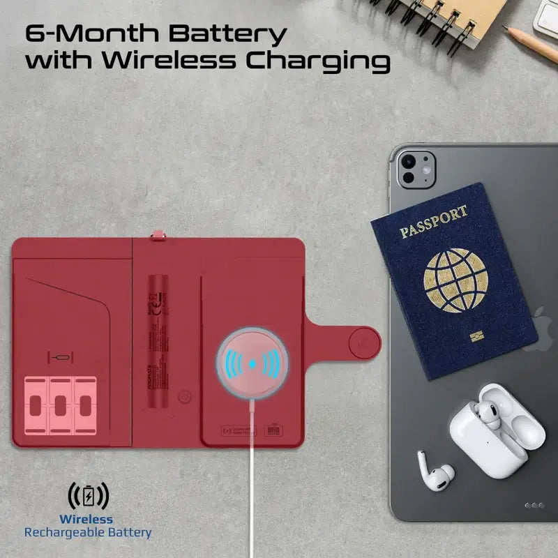 Promate PassMate Burgundy Smart Leather Passport Holder with RFID Protection, Apple Find, My Global Tracker, Wireless Charging, 6-Month Battery, Waterproof Anti-Loss Travel Wallet Organizer