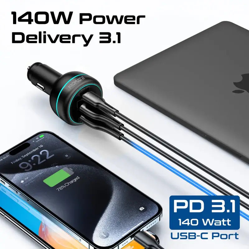 PowerDrive-230 Promate Car Charger 230W Power Delivery, Rapid Charger with Dual USB-C Port 140W / 45W, and USB-A 3.0-45W, for Laptop, Smartphone