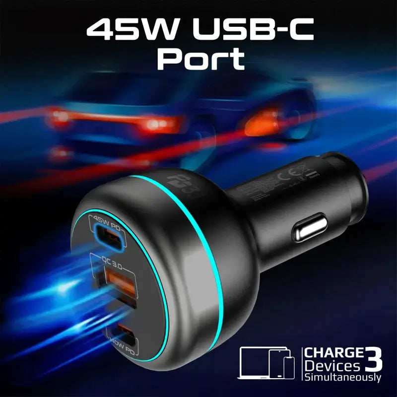 PowerDrive-230 Promate Car Charger 230W Power Delivery, Rapid Charger with Dual USB-C Port 140W / 45W, and USB-A 3.0-45W, for Laptop, Smartphone