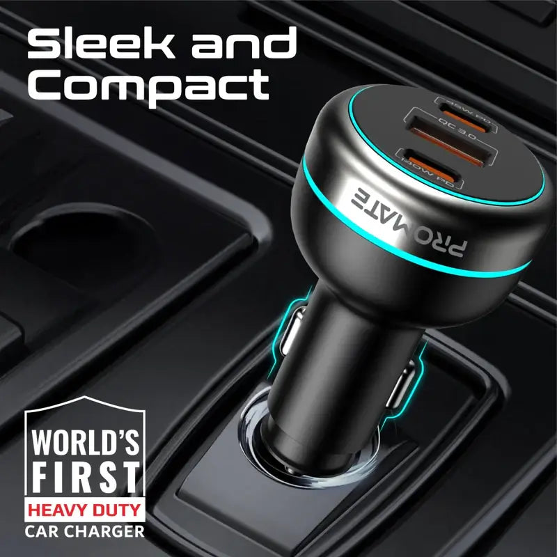 PowerDrive-230 Promate Car Charger 230W Power Delivery, Rapid Charger with Dual USB-C Port 140W / 45W, and USB-A 3.0-45W, for Laptop, Smartphone