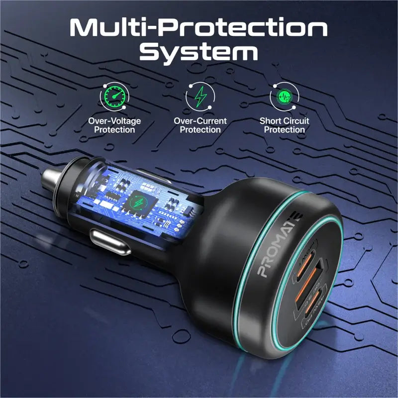 PowerDrive-230 Promate Car Charger 230W Power Delivery, Rapid Charger with Dual USB-C Port 140W / 45W, and USB-A 3.0-45W, for Laptop, Smartphone