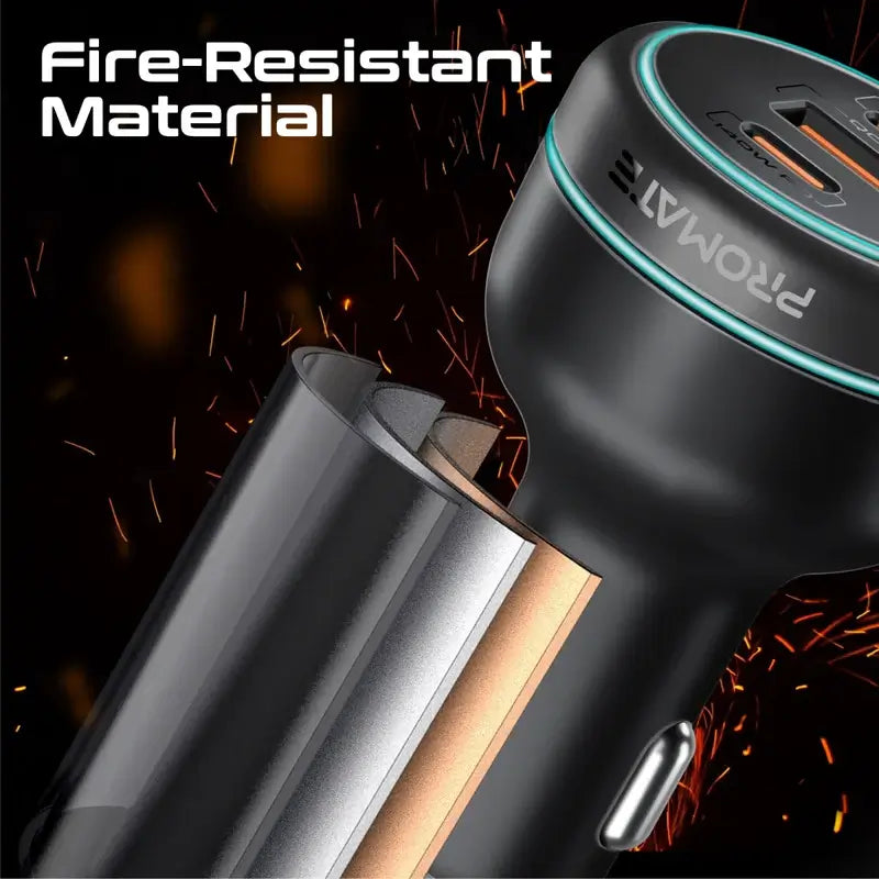PowerDrive-230 Promate Car Charger 230W Power Delivery, Rapid Charger with Dual USB-C Port 140W / 45W, and USB-A 3.0-45W, for Laptop, Smartphone