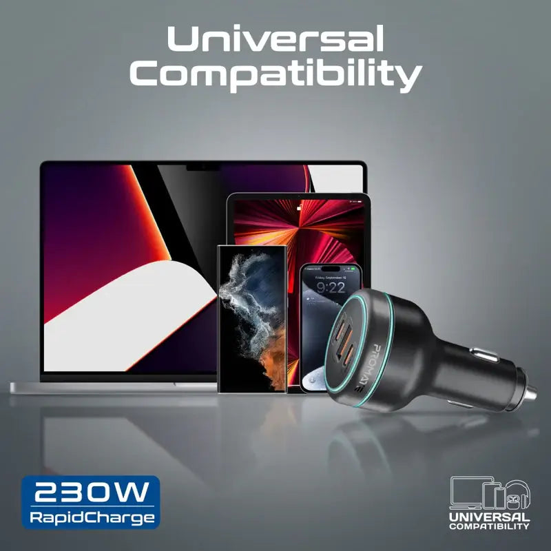 PowerDrive-230 Promate Car Charger 230W Power Delivery, Rapid Charger with Dual USB-C Port 140W / 45W, and USB-A 3.0-45W, for Laptop, Smartphone