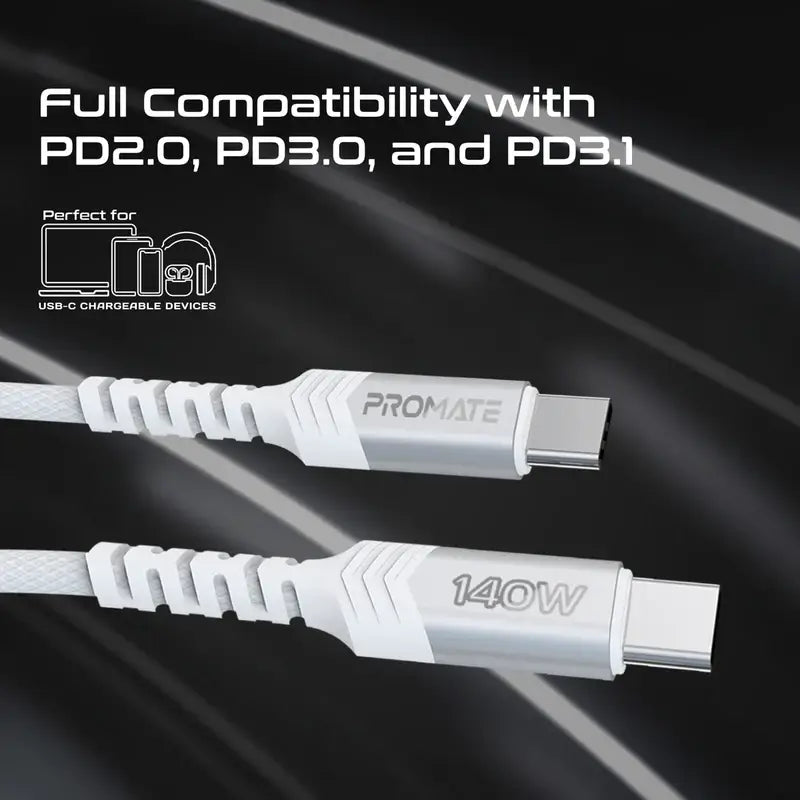 PowerLink-3C Promate USB-C™ to Dual USB-C™ Cable with 140W Power Delivery, PD2.0, PD3.0, and PD3.1 Support, Over Current Protection, Braided Design for Laptops, Tablets, Smartphones