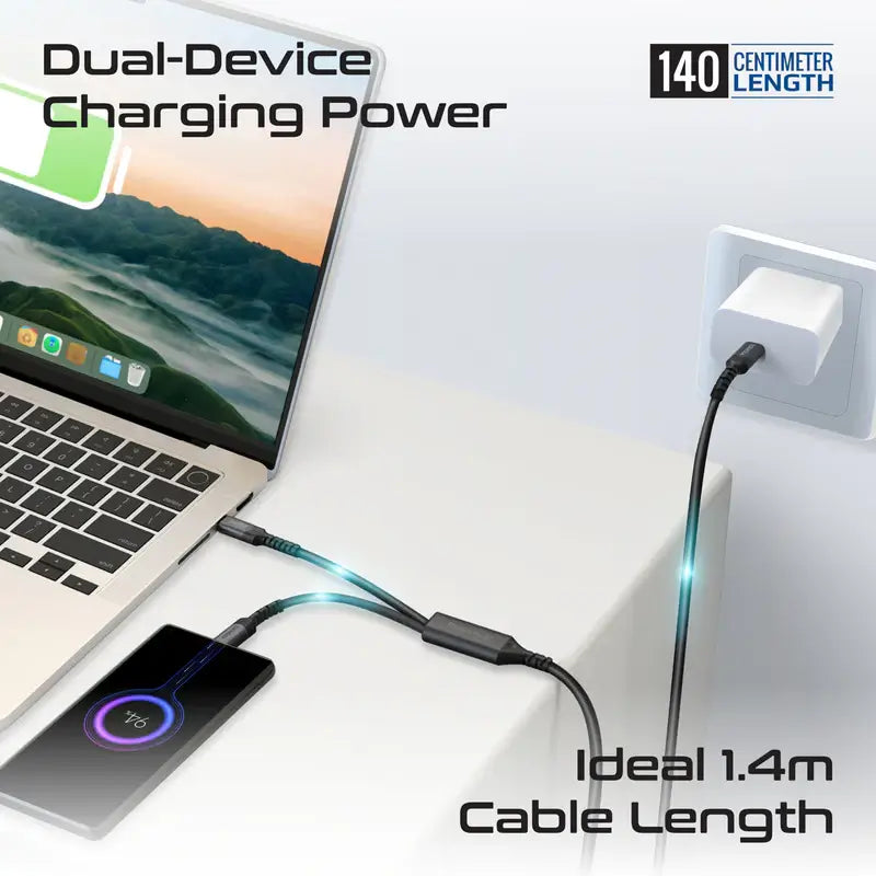 PowerLink-3C Promate USB-C™ to Dual USB-C™ Cable with 140W Power Delivery, PD2.0, PD3.0, and PD3.1 Support, Over Current Protection, Braided Design for Laptops, Tablets, Smartphones
