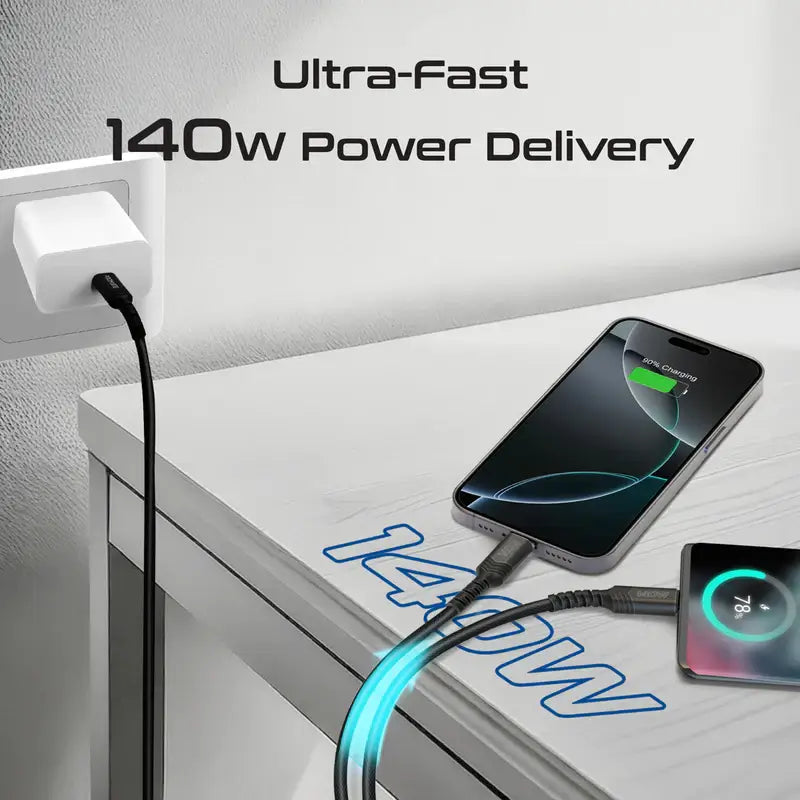 PowerLink-3C Promate USB-C™ to Dual USB-C™ Cable with 140W Power Delivery, PD2.0, PD3.0, and PD3.1 Support, Over Current Protection, Braided Design for Laptops, Tablets, Smartphones
