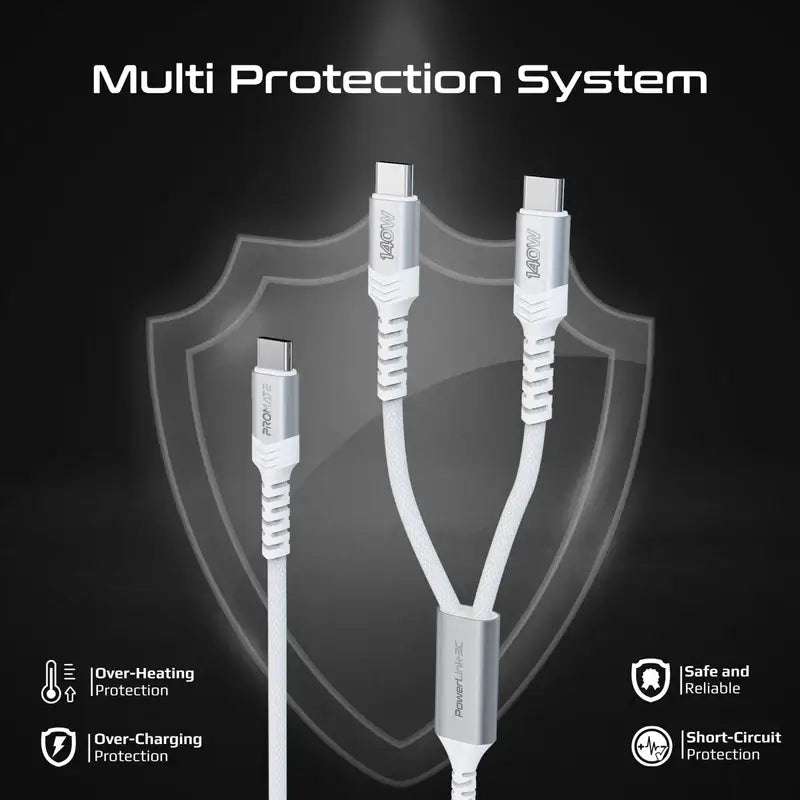 PowerLink-3C Promate USB-C™ to Dual USB-C™ Cable with 140W Power Delivery, PD2.0, PD3.0, and PD3.1 Support, Over Current Protection, Braided Design for Laptops, Tablets, Smartphones