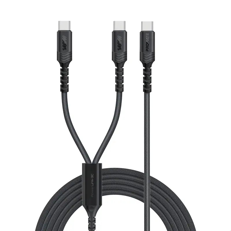 PowerLink-3C Promate USB-C™ to Dual USB-C™ Cable with 140W Power Delivery, PD2.0, PD3.0, and PD3.1 Support, Over Current Protection, Braided Design for Laptops, Tablets, Smartphones