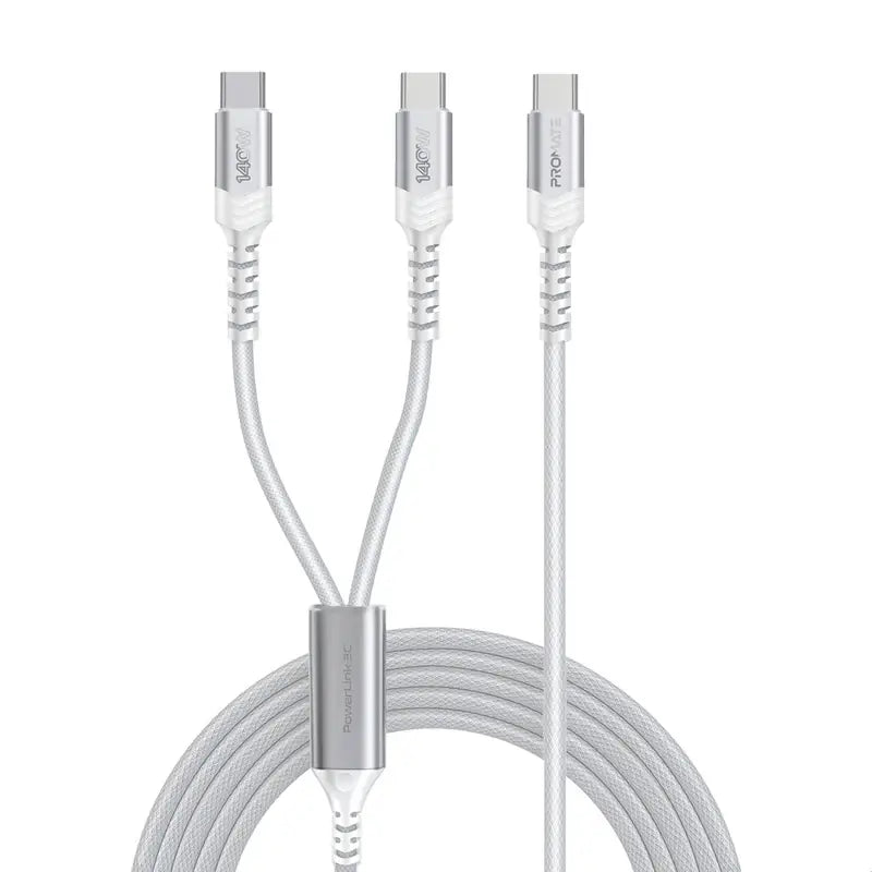 PowerLink-3C Promate USB-C™ to Dual USB-C™ Cable with 140W Power Delivery, PD2.0, PD3.0, and PD3.1 Support, Over Current Protection, Braided Design for Laptops, Tablets, Smartphones