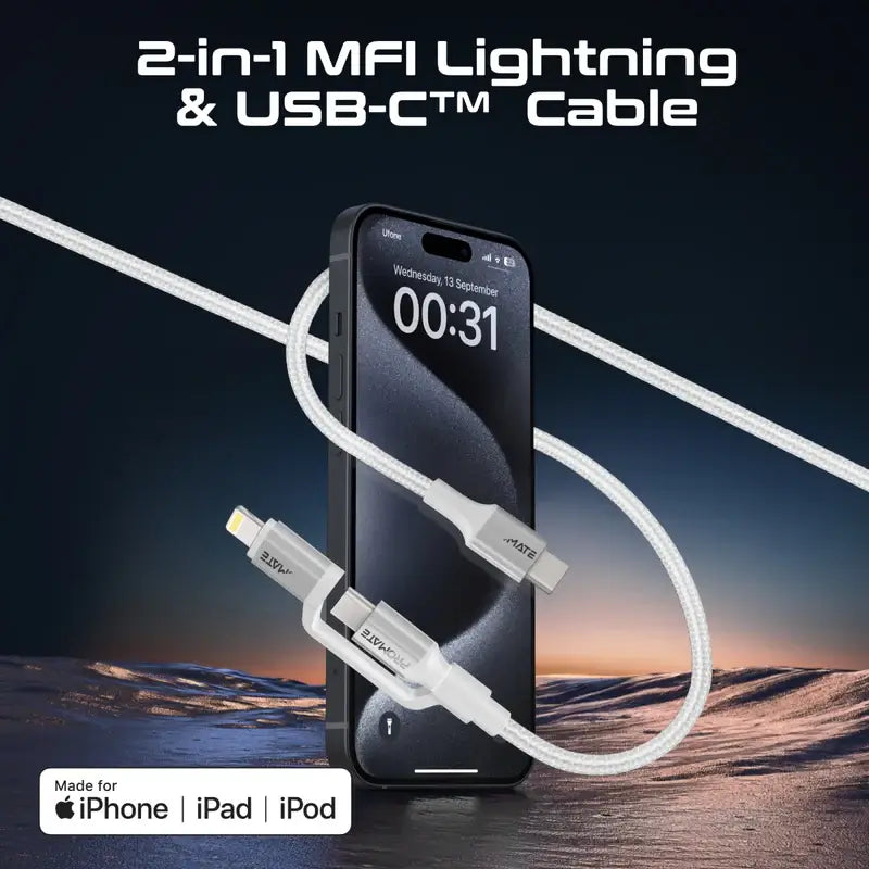 PowerLink CCi Promate 3-in-1 MFI Certified Lightning and USB-C™ Cable with Interchangeable Connectors, 60W USB-C™ Output, 27W Lightning Output, Sync & Charge, Tangle-Free Nylon Braided