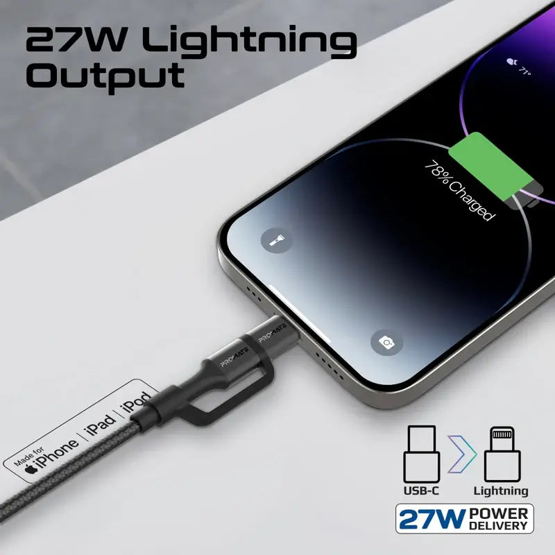 PowerLink CCi Promate 3-in-1 MFI Certified Lightning and USB-C™ Cable with Interchangeable Connectors, 60W USB-C™ Output, 27W Lightning Output, Sync & Charge, Tangle-Free Nylon Braided
