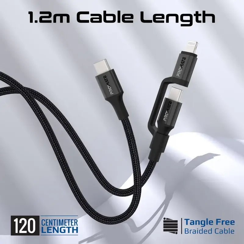 PowerLink CCi Promate 3-in-1 MFI Certified Lightning and USB-C™ Cable with Interchangeable Connectors, 60W USB-C™ Output, 27W Lightning Output, Sync & Charge, Tangle-Free Nylon Braided