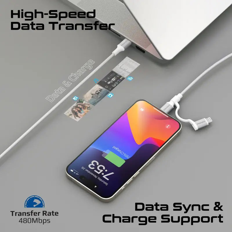 PowerLink CCi Promate 3-in-1 MFI Certified Lightning and USB-C™ Cable with Interchangeable Connectors, 60W USB-C™ Output, 27W Lightning Output, Sync & Charge, Tangle-Free Nylon Braided