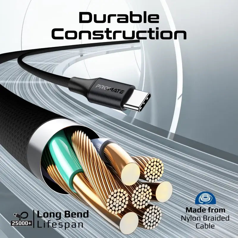 PowerLink CCi Promate 3-in-1 MFI Certified Lightning and USB-C™ Cable with Interchangeable Connectors, 60W USB-C™ Output, 27W Lightning Output, Sync & Charge, Tangle-Free Nylon Braided
