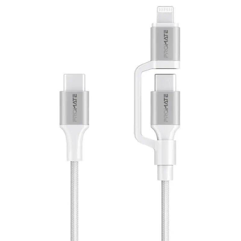 PowerLink CCi Promate 3-in-1 MFI Certified Lightning and USB-C™ Cable with Interchangeable Connectors, 60W USB-C™ Output, 27W Lightning Output, Sync & Charge, Tangle-Free Nylon Braided