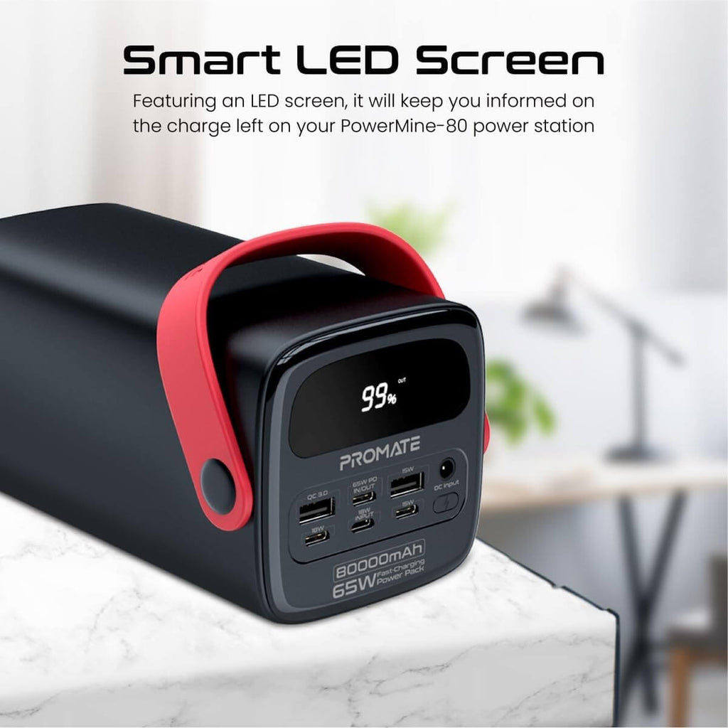 PowerMine-80 Promate iPhone 15 Power Bank, 80000mAh High-Capacity Battery Charger, 65W In/Out USB-C Power Delivery, 15W USB-C Port, 22.5W QC 3.0 Port, 15W USB Port, LED Torchlight for iPhone, MacBook