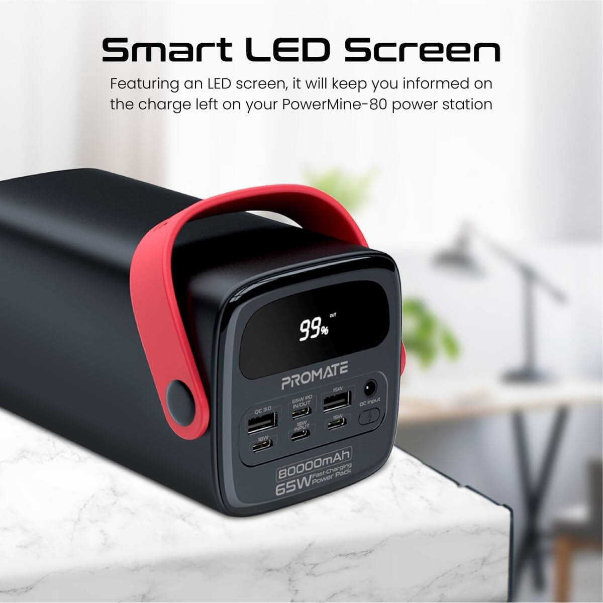PowerMine-80 Promate iPhone 15 Power Bank, 80000mAh High-Capacity Battery Charger, 65W In/Out USB-C Power Delivery, 15W USB-C Port, 22.5W QC 3.0 Port, 15W USB Port, LED Torchlight for iPhone, MacBook