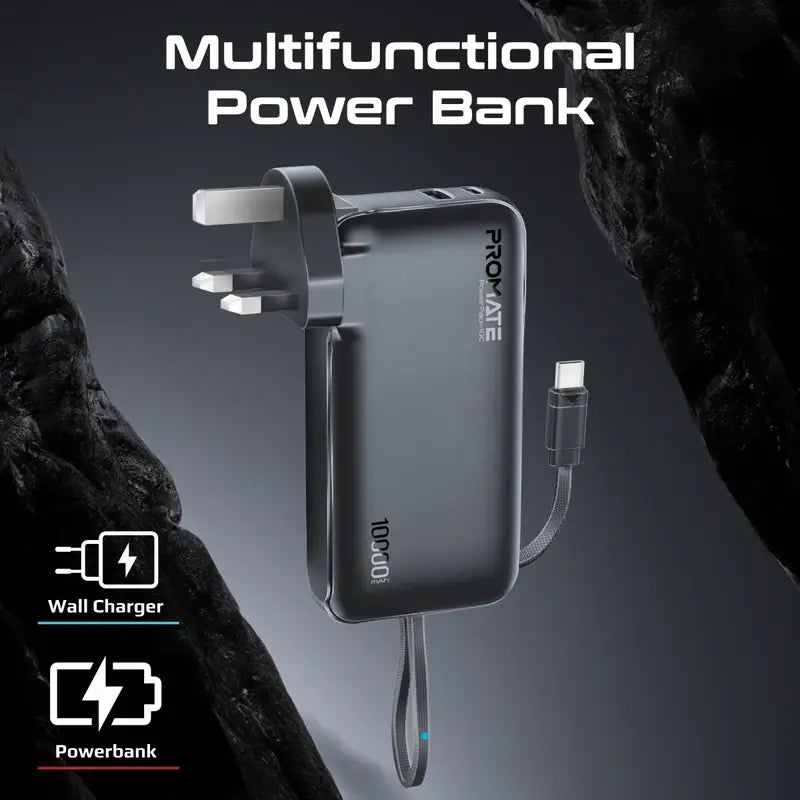 PowerPack-10C Black Promate Dual-Mode AC/DC Charger and 10000mAh Power Bank with 20W USB-C Port, Built-In USB-C Cable, 22.5W USB-A Quick Charge, Digital Display, and Multi-Protection System for Safe