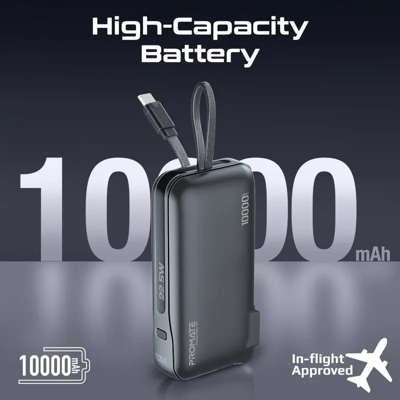 PowerPack-10C Black Promate Dual-Mode AC/DC Charger and 10000mAh Power Bank with 20W USB-C Port, Built-In USB-C Cable, 22.5W USB-A Quick Charge, Digital Display, and Multi-Protection System for Safe