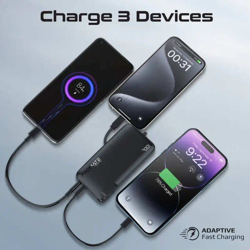 PowerPack-10C Black Promate Dual-Mode AC/DC Charger and 10000mAh Power Bank with 20W USB-C Port, Built-In USB-C Cable, 22.5W USB-A Quick Charge, Digital Display, and Multi-Protection System for Safe