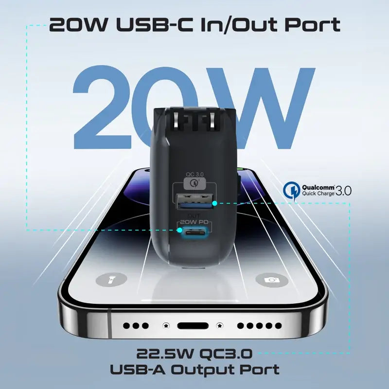 PowerPack-10C Black Promate Dual-Mode AC/DC Charger and 10000mAh Power Bank with 20W USB-C Port, Built-In USB-C Cable, 22.5W USB-A Quick Charge, Digital Display, and Multi-Protection System for Safe