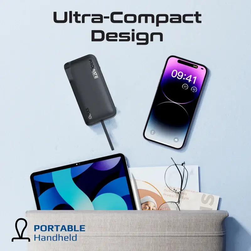 PowerPack-10C Black Promate Dual-Mode AC/DC Charger and 10000mAh Power Bank with 20W USB-C Port, Built-In USB-C Cable, 22.5W USB-A Quick Charge, Digital Display, and Multi-Protection System for Safe