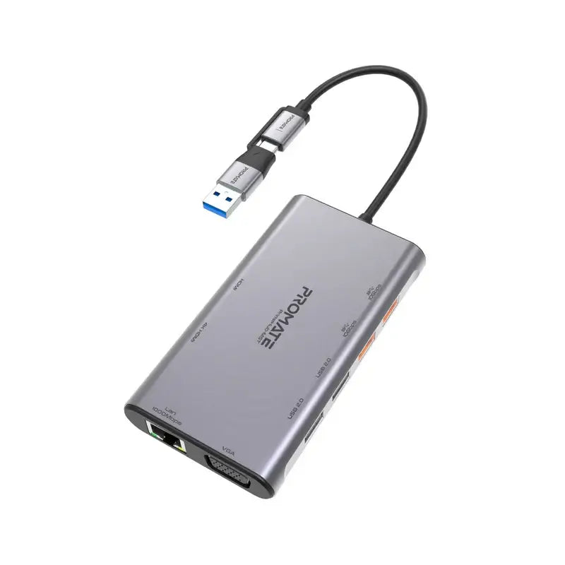 Promate PrimeHub-MST USB-C Hub, 9-in-1 4K Multi-Display Aluminum Hub with Dual HDMI, 1080p VGA Port, 1000Mbps LAN, 20W USB-C Power Delivery, USB 3.0 and USB 2.0 Ports for MacBook Pro