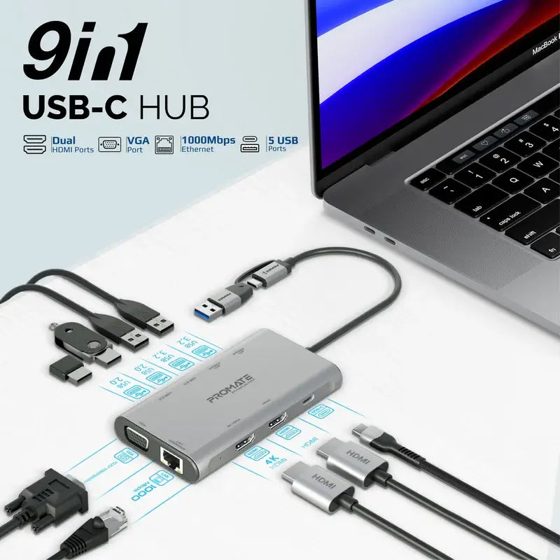 Promate PrimeHub-MST USB-C Hub, 9-in-1 4K Multi-Display Aluminum Hub with Dual HDMI, 1080p VGA Port, 1000Mbps LAN, 20W USB-C Power Delivery, USB 3.0 and USB 2.0 Ports for MacBook Pro